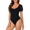 imageLYANER Womens Mesh Puff Sleeve Sweetheart V Neck Bodysuit Short Sleeve Leotards TopsBlack