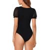 imageLYANER Womens Mesh Puff Sleeve Sweetheart V Neck Bodysuit Short Sleeve Leotards TopsBlack