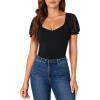 imageLYANER Womens Mesh Puff Sleeve Sweetheart V Neck Bodysuit Short Sleeve Leotards TopsBlack