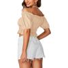imageLYANER Womens Off Shoulder Short Sleeve Pleated Ruffle Trim Crop Top Blouse ShirtBeige