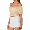 imageLYANER Womens Off Shoulder Short Sleeve Pleated Ruffle Trim Crop Top Blouse ShirtBeige