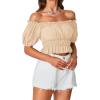 imageLYANER Womens Off Shoulder Short Sleeve Pleated Ruffle Trim Crop Top Blouse ShirtBeige