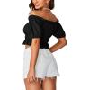 imageLYANER Womens Off Shoulder Short Sleeve Pleated Ruffle Trim Crop Top Blouse ShirtBlack