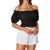 imageLYANER Womens Off Shoulder Short Sleeve Pleated Ruffle Trim Crop Top Blouse ShirtBlack
