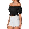 imageLYANER Womens Off Shoulder Short Sleeve Pleated Ruffle Trim Crop Top Blouse ShirtBlack