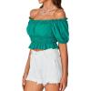 imageLYANER Womens Off Shoulder Short Sleeve Pleated Ruffle Trim Crop Top Blouse ShirtLake Green