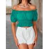 imageLYANER Womens Off Shoulder Short Sleeve Pleated Ruffle Trim Crop Top Blouse ShirtLake Green