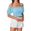 imageLYANER Womens Off Shoulder Short Sleeve Pleated Ruffle Trim Crop Top Blouse ShirtLight Blue