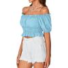 imageLYANER Womens Off Shoulder Short Sleeve Pleated Ruffle Trim Crop Top Blouse ShirtLight Blue