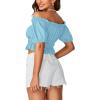 imageLYANER Womens Off Shoulder Short Sleeve Pleated Ruffle Trim Crop Top Blouse ShirtLight Blue