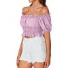 imageLYANER Womens Off Shoulder Short Sleeve Pleated Ruffle Trim Crop Top Blouse ShirtLight Purple
