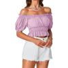 imageLYANER Womens Off Shoulder Short Sleeve Pleated Ruffle Trim Crop Top Blouse ShirtLight Purple