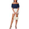imageLYANER Womens Off Shoulder Short Sleeve Pleated Ruffle Trim Crop Top Blouse ShirtNavy Blue