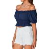imageLYANER Womens Off Shoulder Short Sleeve Pleated Ruffle Trim Crop Top Blouse ShirtNavy Blue