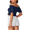 imageLYANER Womens Off Shoulder Short Sleeve Pleated Ruffle Trim Crop Top Blouse ShirtNavy Blue