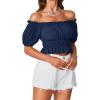 imageLYANER Womens Off Shoulder Short Sleeve Pleated Ruffle Trim Crop Top Blouse ShirtNavy Blue