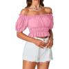 imageLYANER Womens Off Shoulder Short Sleeve Pleated Ruffle Trim Crop Top Blouse ShirtPink