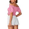 imageLYANER Womens Off Shoulder Short Sleeve Pleated Ruffle Trim Crop Top Blouse ShirtPink