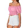 imageLYANER Womens Off Shoulder Short Sleeve Pleated Ruffle Trim Crop Top Blouse ShirtPink