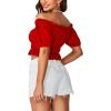 imageLYANER Womens Off Shoulder Short Sleeve Pleated Ruffle Trim Crop Top Blouse ShirtRed