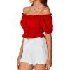 imageLYANER Womens Off Shoulder Short Sleeve Pleated Ruffle Trim Crop Top Blouse ShirtRed