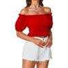 imageLYANER Womens Off Shoulder Short Sleeve Pleated Ruffle Trim Crop Top Blouse ShirtRed