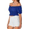 imageLYANER Womens Off Shoulder Short Sleeve Pleated Ruffle Trim Crop Top Blouse ShirtRoyal Blue