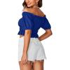 imageLYANER Womens Off Shoulder Short Sleeve Pleated Ruffle Trim Crop Top Blouse ShirtRoyal Blue