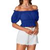 imageLYANER Womens Off Shoulder Short Sleeve Pleated Ruffle Trim Crop Top Blouse ShirtRoyal Blue
