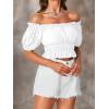 imageLYANER Womens Off Shoulder Short Sleeve Pleated Ruffle Trim Crop Top Blouse ShirtWhite