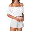 imageLYANER Womens Off Shoulder Short Sleeve Pleated Ruffle Trim Crop Top Blouse ShirtWhite