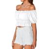 imageLYANER Womens Off Shoulder Short Sleeve Pleated Ruffle Trim Crop Top Blouse ShirtWhite