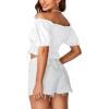 imageLYANER Womens Off Shoulder Short Sleeve Pleated Ruffle Trim Crop Top Blouse ShirtWhite