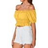 imageLYANER Womens Off Shoulder Short Sleeve Pleated Ruffle Trim Crop Top Blouse ShirtYellow