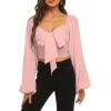 imageLYANER Womens Tie Knot Front Shirred Back Lantern Long Sleeve Crop Blouse Tee TopBaby Pink