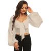 imageLYANER Womens Tie Knot Front Shirred Back Lantern Long Sleeve Crop Blouse Tee TopBeige