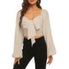 imageLYANER Womens Tie Knot Front Shirred Back Lantern Long Sleeve Crop Blouse Tee TopBeige