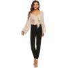 imageLYANER Womens Tie Knot Front Shirred Back Lantern Long Sleeve Crop Blouse Tee TopBeige