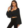 imageLYANER Womens Tie Knot Front Shirred Back Lantern Long Sleeve Crop Blouse Tee TopBlack