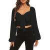 imageLYANER Womens Tie Knot Front Shirred Back Lantern Long Sleeve Crop Blouse Tee TopBlack