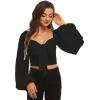 imageLYANER Womens Tie Knot Front Shirred Back Lantern Long Sleeve Crop Blouse Tee TopBlack