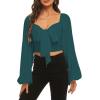 imageLYANER Womens Tie Knot Front Shirred Back Lantern Long Sleeve Crop Blouse Tee TopDark Green