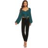 imageLYANER Womens Tie Knot Front Shirred Back Lantern Long Sleeve Crop Blouse Tee TopDark Green
