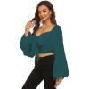 imageLYANER Womens Tie Knot Front Shirred Back Lantern Long Sleeve Crop Blouse Tee TopDark Green