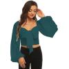 imageLYANER Womens Tie Knot Front Shirred Back Lantern Long Sleeve Crop Blouse Tee TopDark Green
