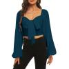 imageLYANER Womens Tie Knot Front Shirred Back Lantern Long Sleeve Crop Blouse Tee TopNavy Blue