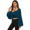 imageLYANER Womens Tie Knot Front Shirred Back Lantern Long Sleeve Crop Blouse Tee TopNavy Blue