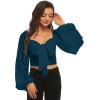 imageLYANER Womens Tie Knot Front Shirred Back Lantern Long Sleeve Crop Blouse Tee TopNavy Blue