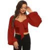 imageLYANER Womens Tie Knot Front Shirred Back Lantern Long Sleeve Crop Blouse Tee TopRed