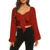 imageLYANER Womens Tie Knot Front Shirred Back Lantern Long Sleeve Crop Blouse Tee TopRed